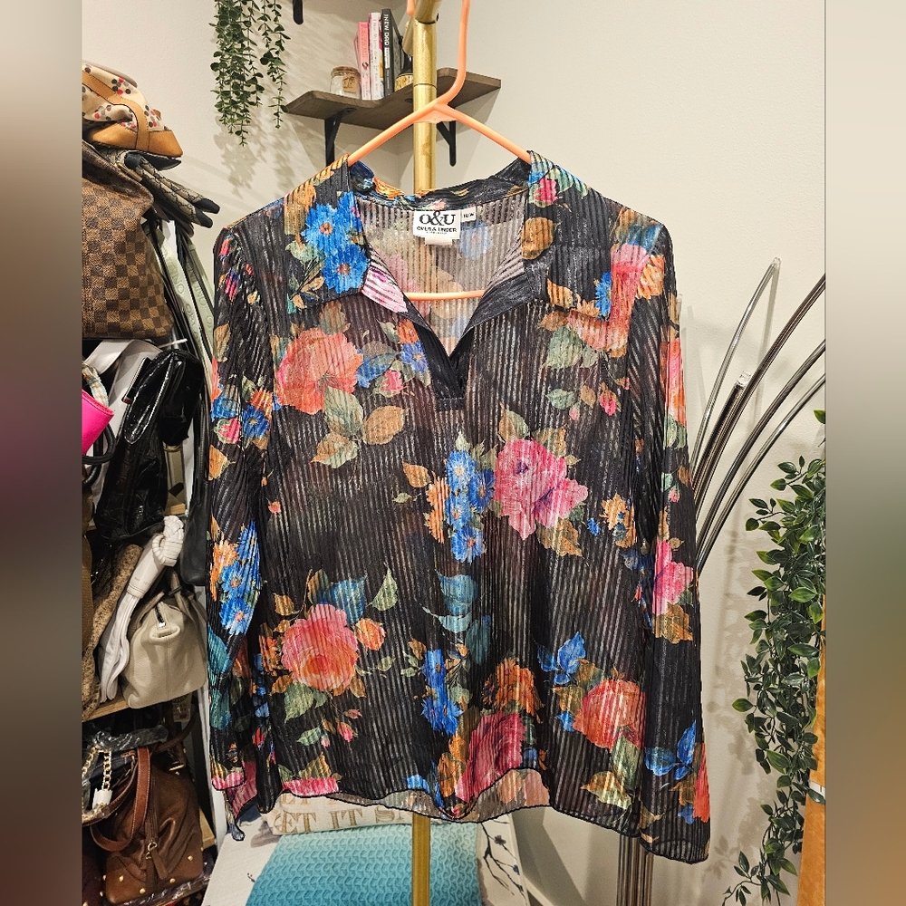Vintage Floral Pleated V-Neck Long Sleeve Top - Black Multi